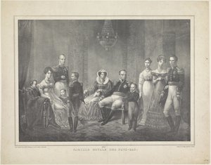 Retrato de família de William I Frederik, rei dos Países Baixos, Wilhelmina da Prússia, seus filhos com esposas, sua filha e quatro netos de Claudio Linati