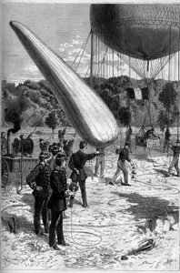 Aerostatos militares: experiências telefônicas no estabelecimento do Meudon. Gravura de Claverie em "Le Monde Illustré" n°1331 de 30 de setembro de Claverie