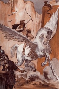 A História de Bellerophon: Bellerophon em seu cavalo Pegase mata o Chimere. Ilustração de Clement Gontier (1876-1918) para “A Ilíada” (Omero) de Homero. Paris, Henri Laurens