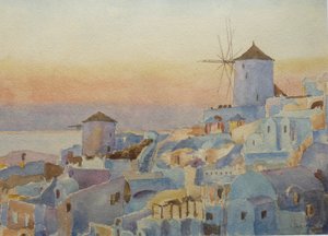 Santorini Oia - Pôr do sol, hora da iluminação, 2019 (aguarela)