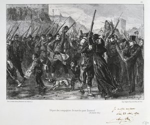 Guerra Franco-Prussiana 1870-1871: Batalha de Buzenval (Monte Valerien) perto de Versalhes, 19 de Janeiro de 1871. Garde National marchando para a batalha e derrota. De uma série de litografias de Clemente August Andrieux sobre os Gardes Nationales.
