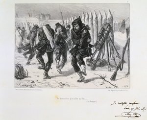 Guerra Franco-Prussiana 1870-1871. Cerco de Paris 19 de Setembro de 1870-28 de Janeiro de 1871. Soldados nas muralhas a saltar para se manterem quentes. De uma série de litografias de Clemente August Andrieux sobre os Gardes Nationales.