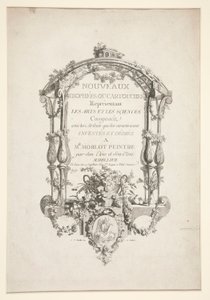 Página de título de New Trophees ou cartouches representando as artes e ciências de Clément Pierre Marillier