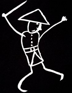 Personagem com chapéu, uniforme e balançado. Desenho de anime de Emile Cohl (1857-1938) em branco sobre preto. de Cohl