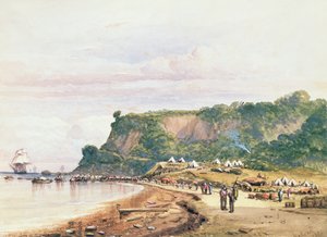 Desembarque das tropas britânicas e francesas em Varua, no Mar Negro, da HMSBellerophon, em 17 de julho de 1854, na Guerra da Criméia (aquarela) de Colonel Ben Hallewell