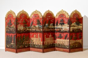 Biombo com vistas da Cidade do México (óleo sobre laca maki-e vermelha sobre painel, com montagens em madeira dourada e suporte em linho)