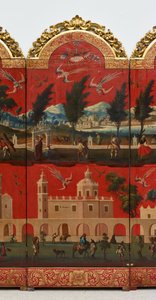 Biombo com vistas da Cidade do México (óleo sobre laca maki-e vermelha sobre painel, com montagens em madeira dourada e suporte em linho)
