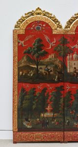Biombo com vistas da Cidade do México (óleo sobre laca maki-e vermelha sobre painel, com montagens em madeira dourada e suporte em linho)