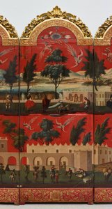 Biombo com vistas da Cidade do México (óleo sobre laca maki-e vermelha sobre painel, com montagens em madeira dourada e suporte em linho)