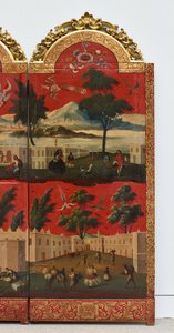 Biombo com vistas da Cidade do México (óleo sobre laca maki-e vermelha sobre painel, com montagens em madeira dourada e suporte em linho)