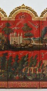Biombo com vistas da Cidade do México (óleo sobre laca maki-e vermelha sobre painel, com montagens em madeira dourada e suporte em linho)