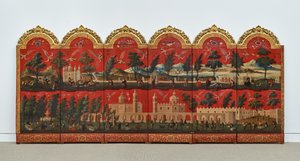 Biombo com vistas da Cidade do México (óleo sobre laca maki-e vermelha sobre painel, com montagens em madeira dourada e suporte em linho)