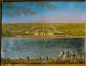 St. Hubert, pavilhão de caça perto de Paris, construído por Luís XV ... (placa retangular de estanho, dourada e goivada) de Compigne Compigne