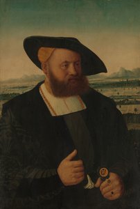 Retrato de um homem com uma cabeça de mouros em seu anel de sinete.