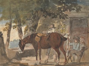 Um cavalo, um cão e figuras fora de uma casa de campo