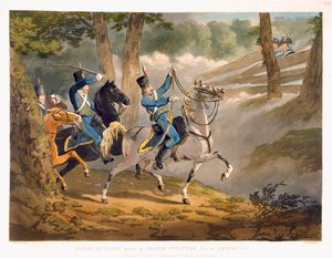 Hussardos saxões atacados pela infantaria francesa de um Ambuscade, de &39;Military Evolutions&39;, pub. Ackermann, Londres, 1799-1802