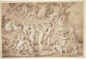 Um grande grupo de Putti jogando contente por um fluxo