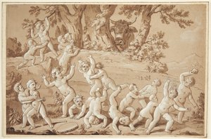 Um grande grupo de putti mergulhado no terror pela chegada de um touro