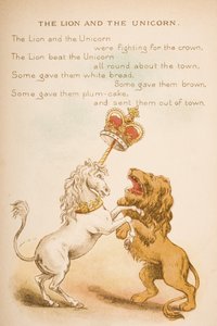 O Leão e o Unicórnio, de Rimas e contos de "Old Mother Goose", publicado por Frederick Warne und Co., c.1890s (cromolito)