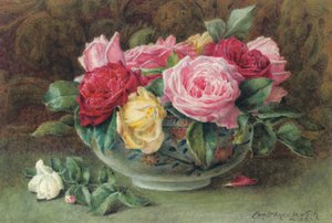 Natureza morta com uma tigela de rosas cor de rosa, amarelas e vermelhas, 1883 de Constance Lawson