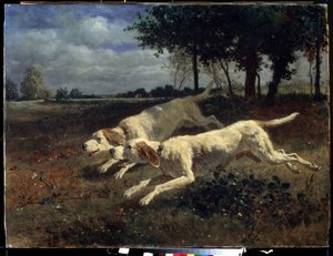 Cães correndo. Pintura de Constant Troyon (1810-1865). Óleo sobre tela, 75 x 11 cm de Constant Emile Troyon