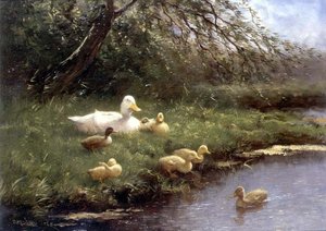 Uma família de patos junto a um rio (óleo sobre painel)