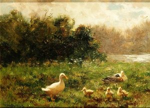 Pato e Patinhos na Margem do Rio (óleo sobre tela)