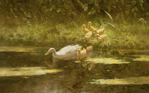 Pato com Patinhos na margem do rio (óleo sobre tela)
