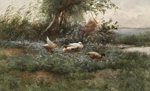 Patos junto a uma lagoa (óleo sobre tela)