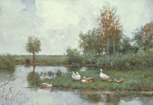 Patos em uma paisagem fluvial (óleo sobre tela)