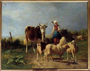 Um pastor com uma vaca e ovelhas. Pintura de Constant Troyon (1810-1865) Sol do século XIX. 0,73x0,92 m