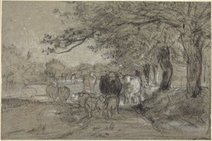 Vacas e ovelhas sob árvores de Constant Troyon