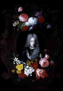Um Retrato de um Homem rodeado por uma Garland of Flowers de Constantijn and Heem D.C.de Netscher