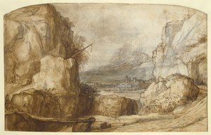 Paisagem montanhosa (caneta, tinta marrom, pincel e giz sobre papel) de Constantin Daniel van Renesse