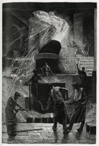 A fundição de aço nos estabelecimentos de cockerill em Seraing. Gravura de C. Meunier para ilustrar a história "La Belgique", de Camille Lemonnier (1844-1913), escritor e crítico de arte. de Constantin Emile Meunier