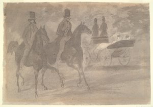 Carruagens puxadas por cavalos a cavalo num parque de Constantin Guys