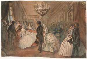 A imperatriz Eugenie recebendo o corpo diplomático após o nascimento do príncipe imperial, de 1800. de Constantin Guys