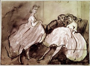 Duas prostitutas e um cliente de sedução em um bordel. Desenho de Constantino (1805-1892) Paris do século XIX, Musee Carnavalet