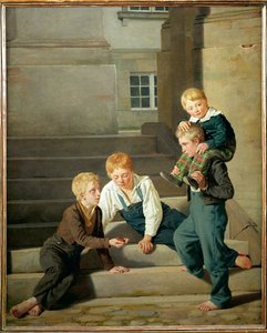 Rapazes a jogar aos dados em frente ao palácio de Christiansborg em Copenhaga (pintura sobre tela) de Constantin Hansen