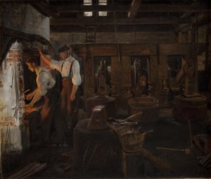 O interior do antigo moinho de martelos em Hellebæk de Constantin Hansen