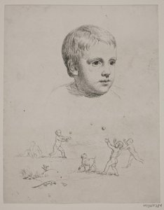 Retrato superior de T. N. Thiele quando criança, abaixo de quatro meninos jogando bola de Constantin Hansen