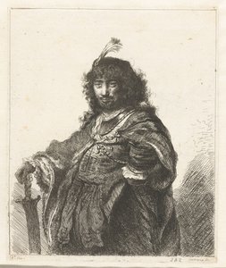 Auto-retrato (?) com gorro emplumado e sabre rebaixado de Constantino Cumano