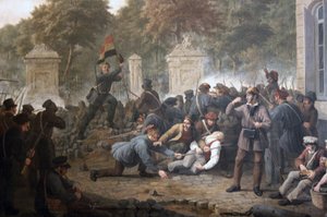 Barricada revolucionária de frente para o Parque de Bruxelas durante os combates entre rebeldes belgas e forças holandesas em 1830 de Constantinus Fidelio Coene