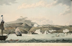 Opinião do SW dos fortes Bourbon e Louis na ilha de Martinica, ilustração de "uma conta da campanha nas Índias Ocidentais" pelo Rev. Cooper Willyams, litografia por S. Alken, bar. Londres 1796 (c
