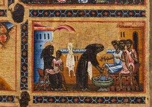 Retábulo de Bardi São Francisco e vinte histórias de sua vida, A Capela Bardi, Detalhe do Santo que ensina os leprosos, enquanto segura um em seus braços e lava os pés dos outros