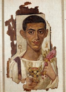 Antigo Egipto: retrato de Amonios: representação de um homem com um cânctara dourado enriquecido com esmeraldas e cheio de vinho que o identifica como Dionísio. Na mão esquerda dos cavaleiros dourados, a guirlanda de rosas, símbolo do renascimento, perto d