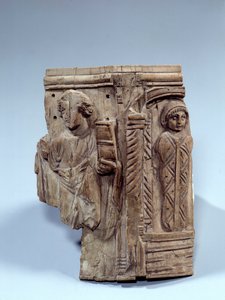 Arte copta: fragmento de pastilha de marfim representando a ressurreição de Lázaro. Século VI AD. Paris, Museu do Louvre