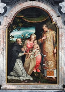 Virgem e o Menino entre São Vicente Ferrier (1350-1419) e São Vicente de Saragoça (século IV) (Virgem com criança com Vicente de Saragoça e Vicente Ferrer) Pintura de Coriolano Malagavazzo (século XVI) 1595 Capela dos Elatellani, Basílica de Coriolano Malagavazzo