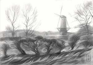 Desenho de um moinho de vento no inverno de Corné Akkers