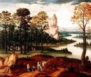 Uma extensa paisagem de rios arborizados com a pregação de São João Baptista de Cornelis (after) Massys